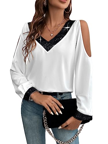 GORGLITTER Damen Elegant Langarm Bluse mit Pailletten Oberteil Cold Shoulder Tunika Langarmshirts Office Chiffonblusen V-Ausschnitt Schwarz und Weiß M von GORGLITTER