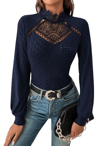 GORGLITTER Damen Elegant Langarmshirt Stehkragen Oberteiel Langarm Spitzen T-Shirt Pullover mit Laternenärmeln Königsblau XS von GORGLITTER