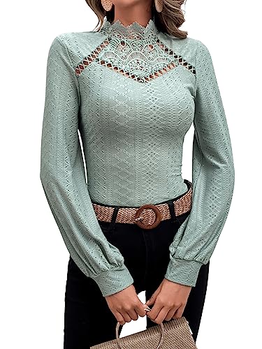 GORGLITTER Damen Elegant Langarmshirt Stehkragen Oberteiel Langarm Spitzen T-Shirt Pullover mit Laternenärmeln Minzgrün L von GORGLITTER