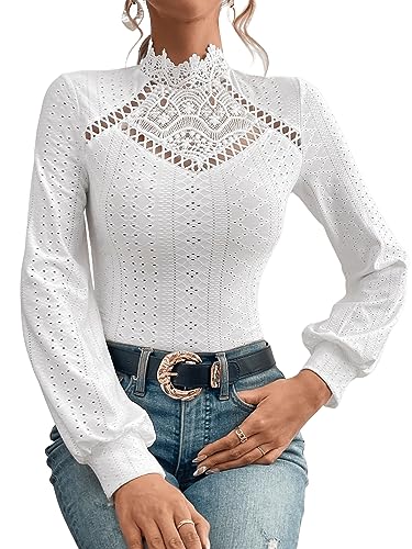 GORGLITTER Damen Elegant Langarmshirt Stehkragen Oberteiel Langarm Spitzen T-Shirt Pullover mit Laternenärmeln Weiß L von GORGLITTER