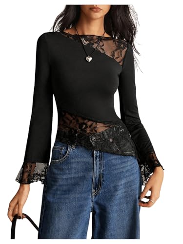 GORGLITTER Damen Elegant Oberteil Ausgestellter Ärmel Langarm Tshirt Asymmetrisch Langarmshirt Herbstmode mit Spitzen Schwarz S von GORGLITTER
