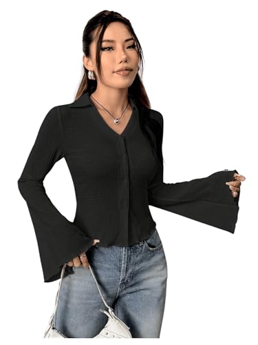 GORGLITTER Damen Elegant Oberteil Langarm Blusen Glockenärmel Langarmshirts T-Shirts mit Knopfleiste Schwarz L von GORGLITTER