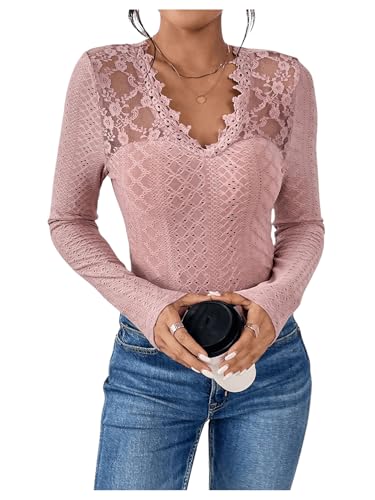 GORGLITTER Damen Elegant Oberteile Langarm Blusenshirt mit Spitze Stickerei Blusentop Casual Oberteil mit V Ausschnitt Spitzenshirt Grau-Rosa M von GORGLITTER