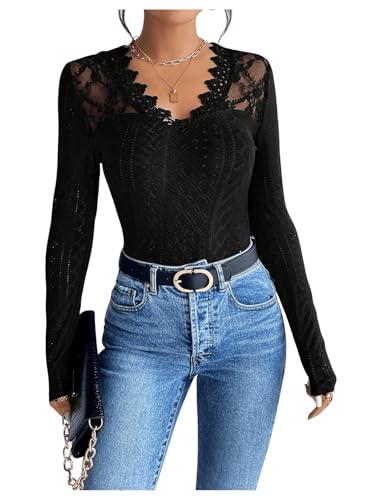 GORGLITTER Damen Elegant Oberteile Langarm Blusenshirt mit Spitze Stickerei Blusentop Casual Oberteil mit V Ausschnitt Spitzenshirt Schwarz M von GORGLITTER