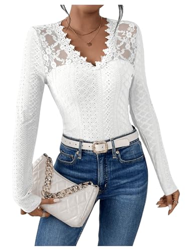 GORGLITTER Damen Elegant Oberteile Langarm Blusenshirt mit Spitze Stickerei Blusentop Casual Oberteil mit V Ausschnitt Spitzenshirt Weiß M von GORGLITTER