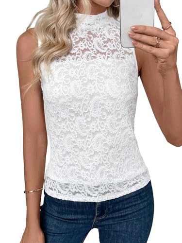 GORGLITTER Damen Elegant Spitzenbluse Ärmellos Top Stehkragen Oberteil Dirndl Bluse Tanktop Office Spitzentop Slim Fit Freizeitshirt Blusentop Weiß L von GORGLITTER