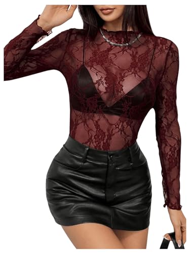 GORGLITTER Damen Elegant Spitzentop Stehkragen Bauchfreies Oberteil Durchsichtige Spitze Langarmshirt Tops mit Wellensaum Maroon XS von GORGLITTER