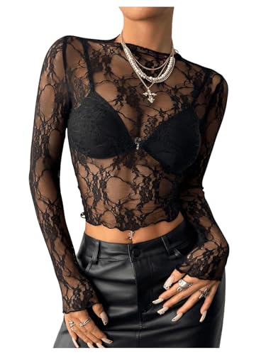 GORGLITTER Damen Elegant Spitzentop Stehkragen Bauchfreies Oberteil Durchsichtige Spitze Langarmshirt Tops mit Wellensaum Schwarz XS von GORGLITTER