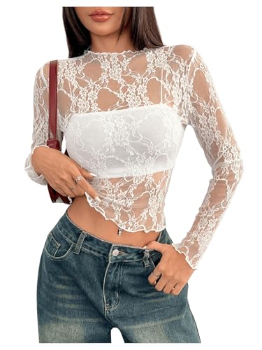 GORGLITTER Damen Elegant Spitzentop Stehkragen Bauchfreies Oberteil Durchsichtige Spitze Langarmshirt Tops mit Wellensaum Weiß XS von GORGLITTER
