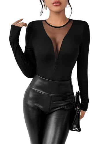 GORGLITTER Damen Elegant Top Rundhals Langarmshirts Stretch Oberteil Herbstshirts mit Kontrast-Mesh Schwarz M von GORGLITTER