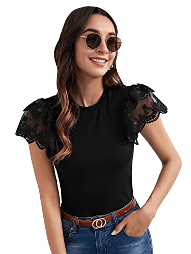 GORGLITTER Damen Elegant Top Schmetterlingsärmel Oberteil Slim T-Shirt Rundkragen Sommershirt mit Spitzen Schwarz S von GORGLITTER