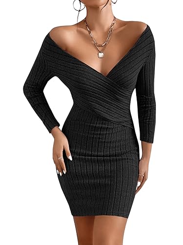 GORGLITTER Damen Figurbetont Pulloverkleid V Ausschnitt Kurz Freizeitkleid Langarm Bleistiftkleid Elegant Strickkleid Schwarz XS von GORGLITTER