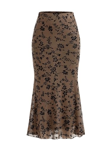 GORGLITTER Damen Figurbetonter Midirock Mesh Sommerrock Fischschwanz Röcke Enger Rock mit Wellensaum Braun L von GORGLITTER