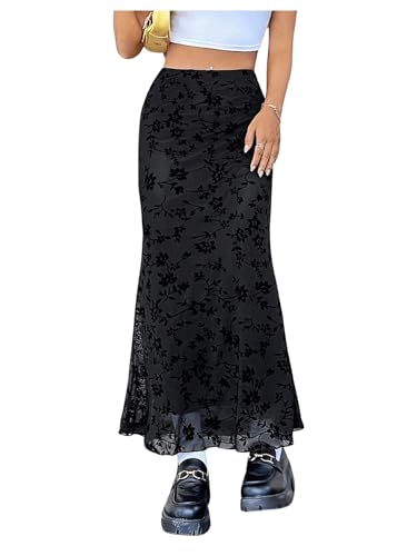 GORGLITTER Damen Figurbetonter Midirock Mesh Sommerrock Fischschwanz Röcke Enger Rock mit Wellensaum Schwarz XS von GORGLITTER