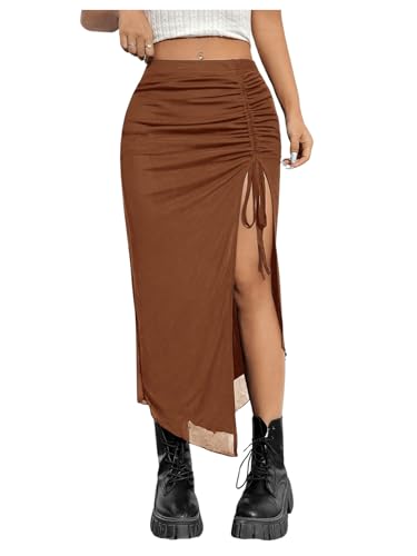 GORGLITTER Damen Figurbetonter Midirock Mesh Sommerrock Knielang Röcke Enger Rock mit Schlitz und Kordelzug Kaffeebraun XS GORGLITTER Damen Figurbetonter Midirock Mesh Sommerrock Knielang Röcke Enger Rock mit Schlitz und Kordelzug Kaffeebraun XS von GORGLITTER