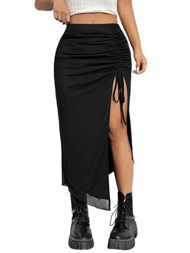 GORGLITTER Damen Figurbetonter Midirock Mesh Sommerrock Knielang Röcke Enger Rock mit Schlitz und Kordelzug Schwarz XS von GORGLITTER