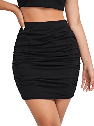 GORGLITTER Damen Figurbetonter Rock Elastischer Bund Minirock Bodycon Hohe Taille Röcke Enger Rock mit Rüschen Schwarz L von GORGLITTER