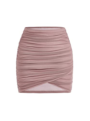 GORGLITTER Damen Figurbetonter Rock Elastischer Bund Minirock Bodycon Sommerrock Hohe Taille Röcke Enger Rock mit Rüschen Grau-Rosa M von GORGLITTER