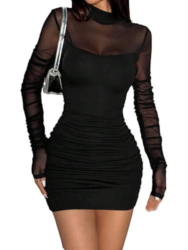 GORGLITTER Damen Figurbetontes Kleid Langarm Minikleid Bodycon Partykleid Mesh-Ärmel Bleistiftkleid Stehkragen Bodcon Kleid Schwarz XS von GORGLITTER