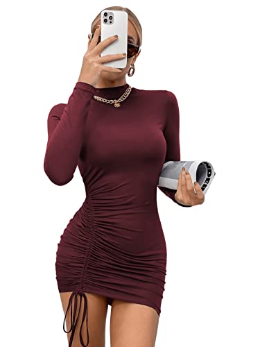 GORGLITTER Damen Figurbetontes Kleid Stehkragen Bodycon Minikleid Langarm Herbstkleid Bleistiftkleider mit Schnürzug Bordeaux M von GORGLITTER