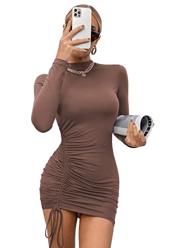 GORGLITTER Damen Figurbetontes Kleid Stehkragen Bodycon Minikleid Langarm Herbstkleid Bleistiftkleider mit Schnürzug Kaffeebraun M von GORGLITTER