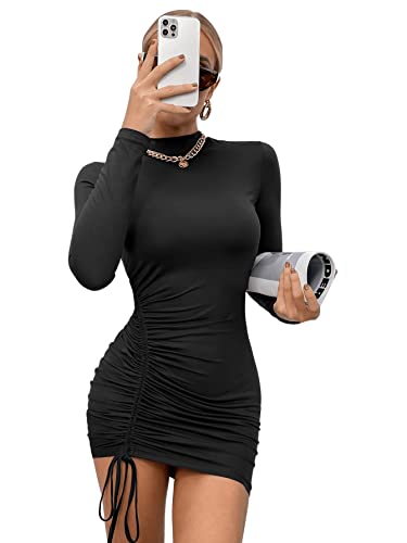 GORGLITTER Damen Figurbetontes Kleid Stehkragen Bodycon Minikleid Langarm Herbstkleid Bleistiftkleider mit Schnürzug Schwarz XS von GORGLITTER