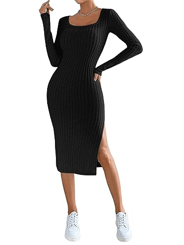 GORGLITTER Damen Figurbetontes Kleid Strickt Midikleid mit Schlitz Herbst Freizeitkleid Elegant Kleider U-Ausschnitt Schwarz S von GORGLITTER