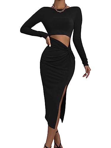 GORGLITTER Damen Figurbetontes Kleid mit Schlitz Partykleid Cut Outs Twist Midikleid Vintage Kleider Elegant Freizeitkleid Schwarz S von GORGLITTER