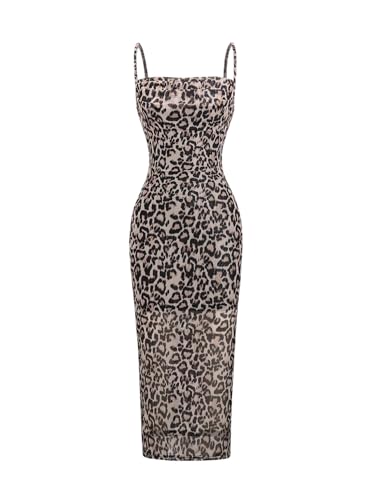 GORGLITTER Damen Figurboten Kleid Elegant Spaghettiträger Leoparden Maxikleid Trägerkleid Ärmellos Bodycon Meshkleid Partykleid Abendkleid Leo M von GORGLITTER