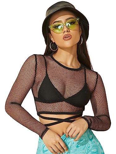 GORGLITTER Damen Fischnetz Mesh Crop Top Durchsichtiges Oberteil Langarm Tops Schwarz M von GORGLITTER