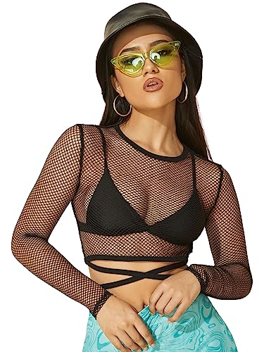 GORGLITTER Damen Fischnetz Mesh Crop Top Durchsichtiges Oberteil Langarm Tops Schwarz S von GORGLITTER