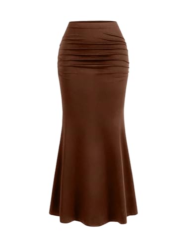 GORGLITTER Damen Fischschwanz Rock Lang Elegant Midirock Sommer Röcke Enger Rock mit Faltenoptik Braun XL von GORGLITTER
