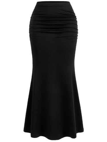 GORGLITTER Damen Fischschwanz Rock Lang Elegant Midirock Sommer Röcke Enger Rock mit Faltenoptik Schwarz L von GORGLITTER