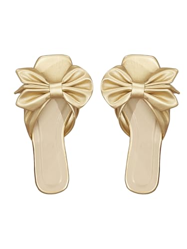 GORGLITTER Damen Flache Sandalen Elegant Sandalette mit Schleife offene Zehen Freizeitsandale Sommer Urlaubssandalen Strandsandalen Gold EUR42 von GORGLITTER