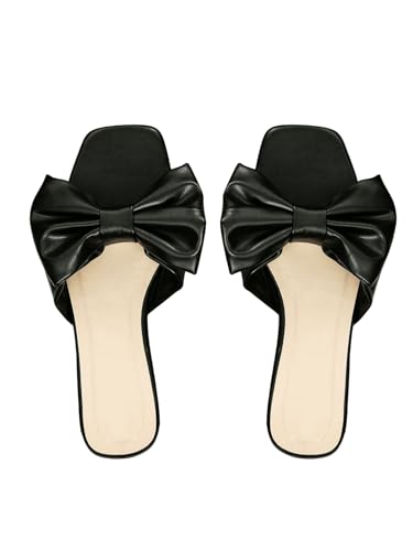 GORGLITTER Damen Flache Sandalen Elegant Sandalette mit Schleife offene Zehen Freizeitsandale Sommer Urlaubssandalen Strandsandalen Schwarz EUR44 von GORGLITTER