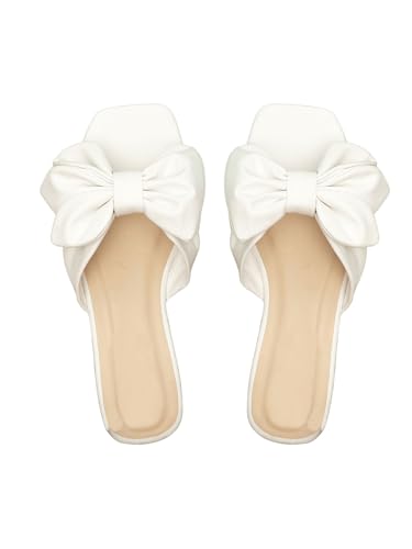 GORGLITTER Damen Flache Sandalen Elegant Sandalette mit Schleife offene Zehen Freizeitsandale Sommer Urlaubssandalen Strandsandalen Weiß EUR40 von GORGLITTER