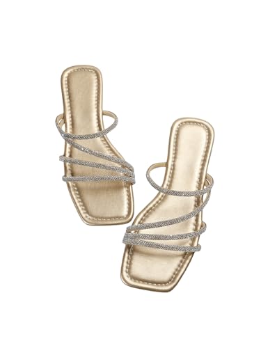 GORGLITTER Damen Flache Sandalen Elegant Sandalette mit Strass Freizeitsandale offene Zehen Urlaubssandalen Sommer Strandsandalen Gold EUR35 von GORGLITTER