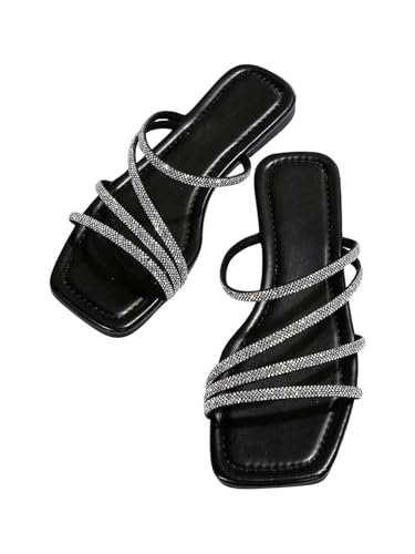 GORGLITTER Damen Flache Sandalen Elegant Sandalette mit Strass Freizeitsandale offene Zehen Urlaubssandalen Sommer Strandsandalen Schwarz EUR40 von GORGLITTER