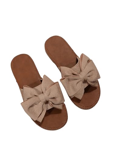 GORGLITTER Damen Flache Sandalen Sommer PU Leder Sandalette Elegant Freizeitsandalen Sommerschuhe Urlaubssandalen Outfit mit Schleifen Aprikosenfarben CN38 von GORGLITTER