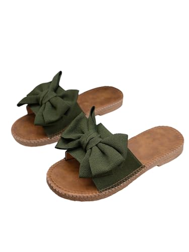 GORGLITTER Damen Flache Sandalen Sommer PU Leder Sandalette Elegant Freizeitsandalen Sommerschuhe Urlaubssandalen Outfit mit Schleifen Armeegrün CN41 von GORGLITTER