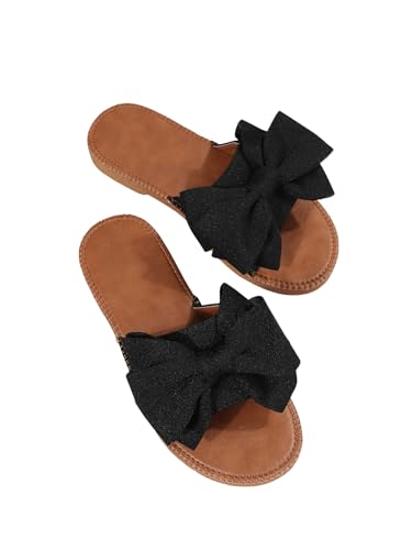 GORGLITTER Damen Flache Sandalen Sommer PU Leder Sandalette Elegant Freizeitsandalen Sommerschuhe Urlaubssandalen Outfit mit Schleifen Schwarz CN39 von GORGLITTER