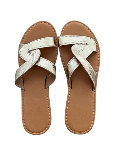 GORGLITTER Damen Flache Sandalen Sommer Slide Sandalette PU Leder Freizeitsandale Offene Zehen Urlaubssandalen Outdoor Hausschuhe Gold CN42 von GORGLITTER
