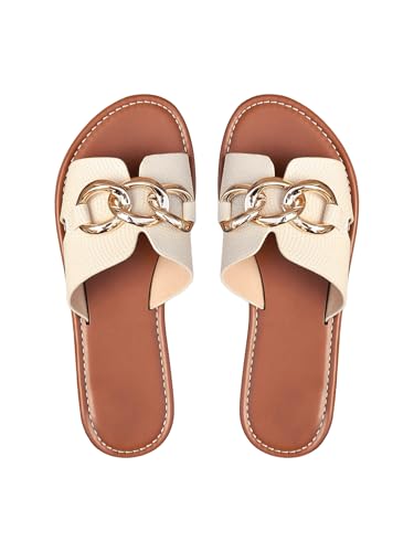 GORGLITTER Damen Flache Sandalen Sommer offene Zehen Sandalette PU Leder Freizeitsandale Urlaubssandalen Outdoor Hausschuhe Beige EUR43 von GORGLITTER