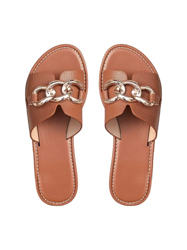 GORGLITTER Damen Flache Sandalen Sommer offene Zehen Sandalette PU Leder Freizeitsandale Urlaubssandalen Outdoor Hausschuhe Braun EUR36 von GORGLITTER