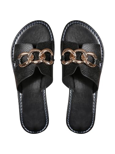 GORGLITTER Damen Flache Sandalen Sommer offene Zehen Sandalette PU Leder Freizeitsandale Urlaubssandalen Outdoor Hausschuhe Schwarz EUR43 von GORGLITTER