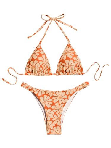 GORGLITTER Damen Floral Bikini Sets Bademode Set 2 Stücke Swimwear Neckholder Triangel Bikinitop und Tangas Zweiteiliger Badeanzug mit Schnürung Gelb S von GORGLITTER