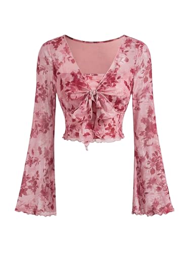 GORGLITTER Damen Geblümt Oberteil Langarm T-Shirt Elegant Y2K Crop Top mit Schleife Langarmshirt Strechty Tops Herbst Festival Outfit Rosa M von GORGLITTER