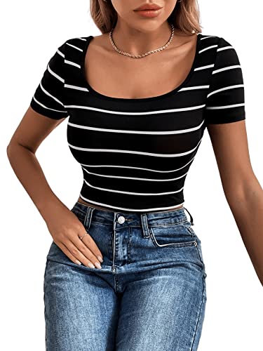 GORGLITTER Damen Gestreift Crop T-Shirt U-Ausschnitt Bauchfreies Oberteil Kurzarm Tops Basic Kurzarmshirts Stretch Top Schwarz XS von GORGLITTER