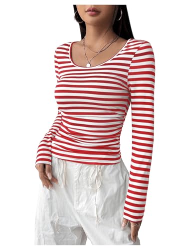GORGLITTER Damen Gestreift Langarmshirts Basic Oberteil Langarm Tshirt Stretch Teil Tops mit U Ausschnitt Rot und Weiß M von GORGLITTER