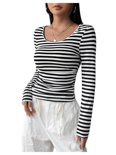 GORGLITTER Damen Gestreift Langarmshirts Basic Oberteil Langarm Tshirt Stretch Teil Tops mit U Ausschnitt Schwarz M von GORGLITTER